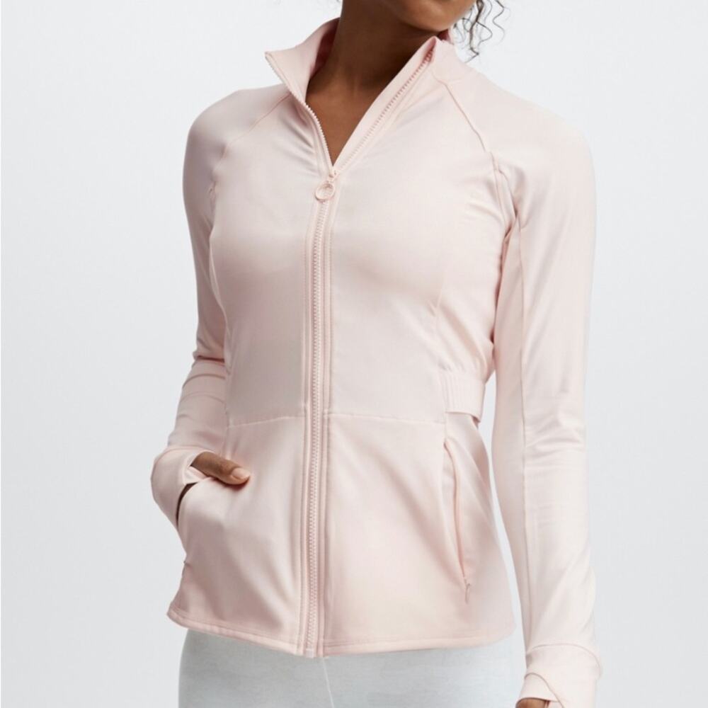 Fabletics trinity performance jacket pink zip up pockets thumb holes size XL